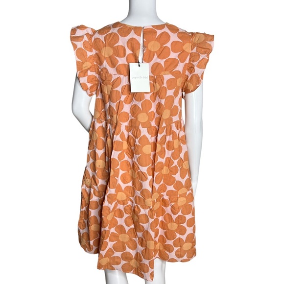 Jacquie the Label Babydoll Dress Orange Floral Flutter Sleeve Square Neckline - Picture 3 of 7